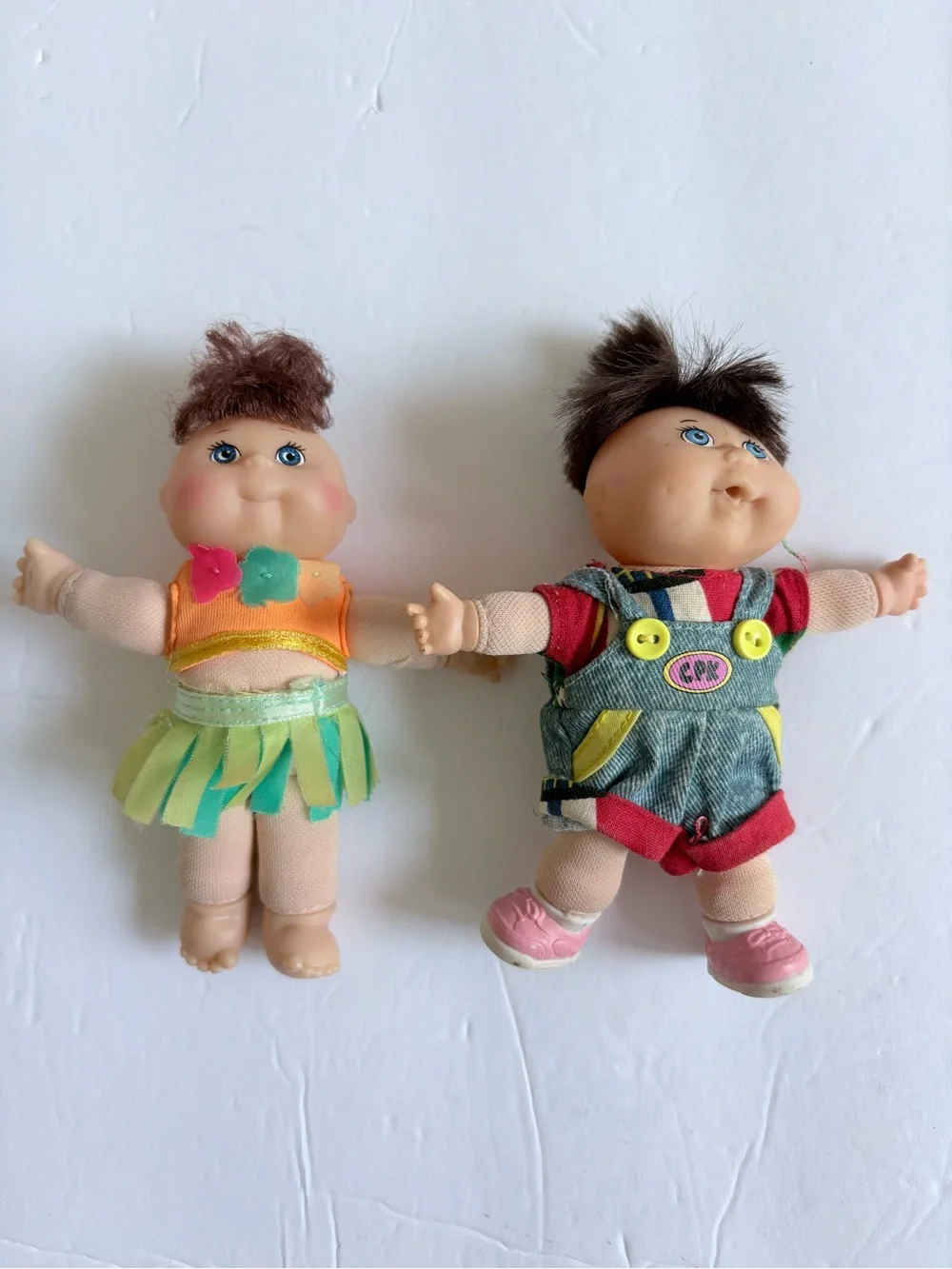 Vintage 1995 Mattel CPK Twin Dolls in Orange, Green & Denim-Style Outfits